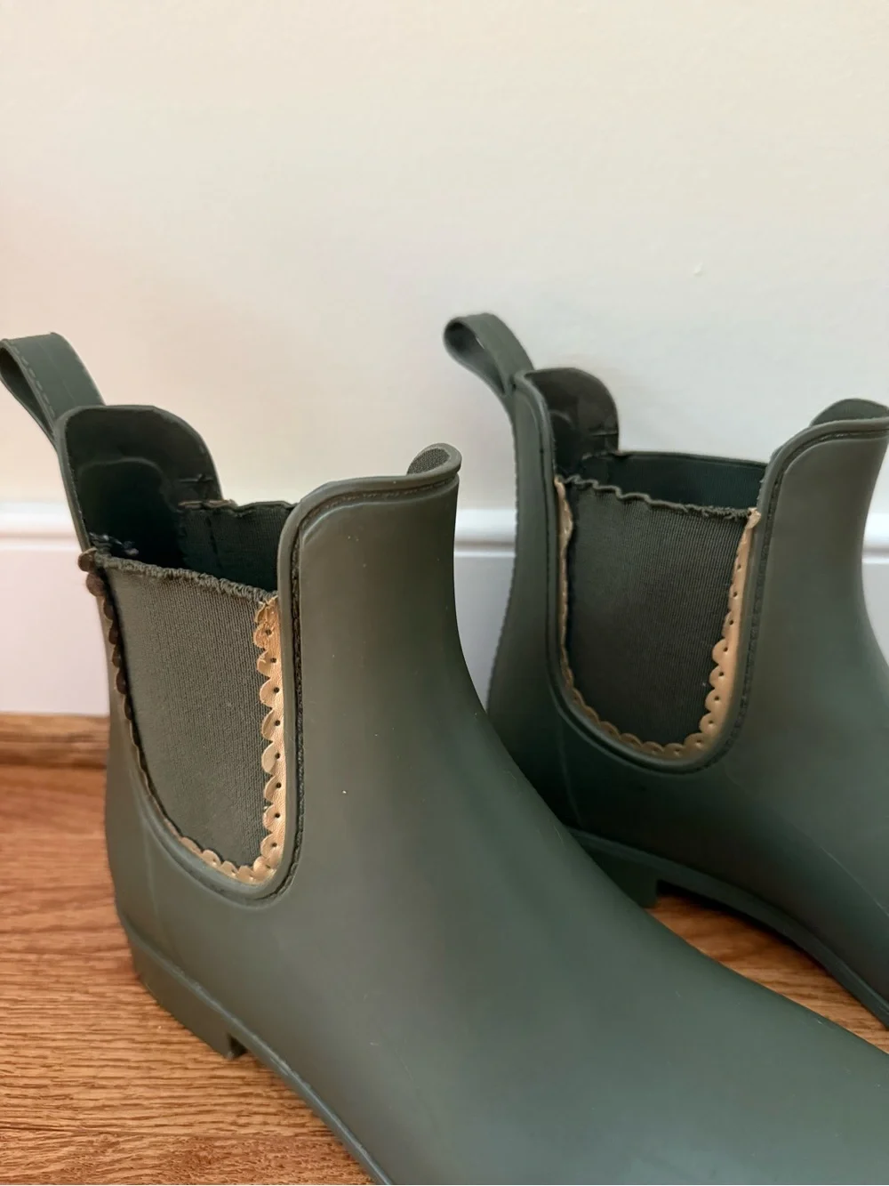 Jack Rogers Olive Green Chelsea Rain Ankle Boots with Gold Scalloped Trim
